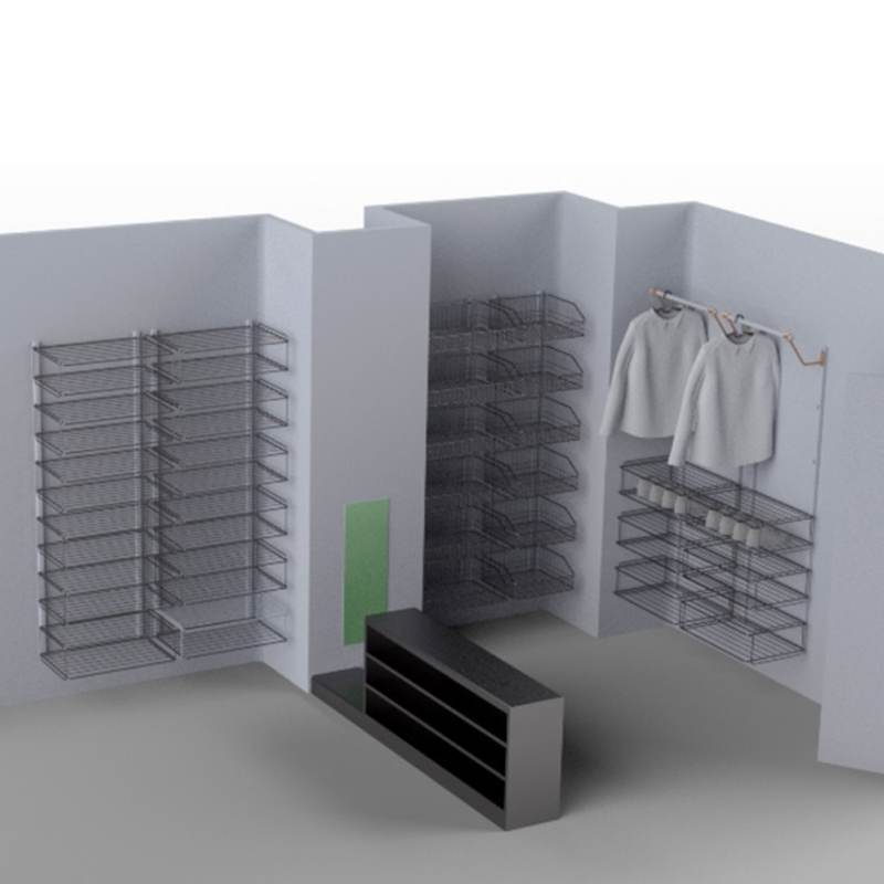 Rangement avec panier fil et banc inox